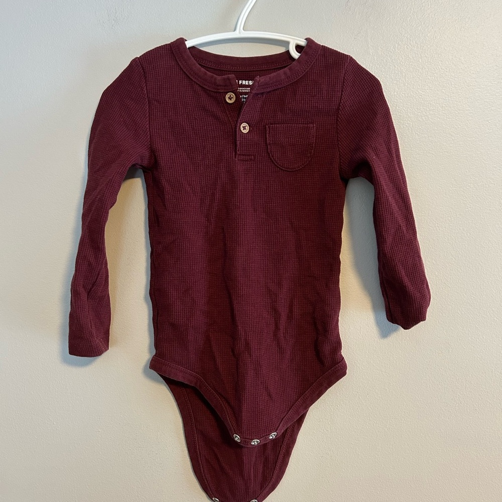 (3/$20) Joe fresh 18/24m Burgundy waffle knit long sleeve onesie
